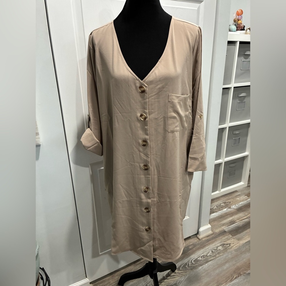 Zenana Outfitters Beige Button-Front Midi Dress Tunic